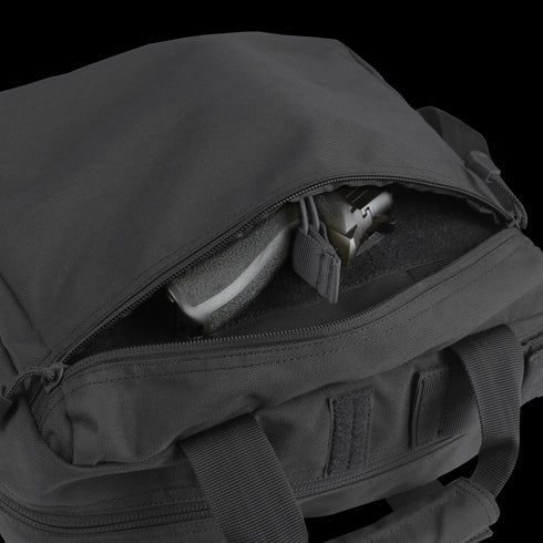 The Condor E & E Bag 9L in black, shown with a partially open zipper exposing a handgun inside, is designed for everyday carry (EDC) or law enforcement applications.